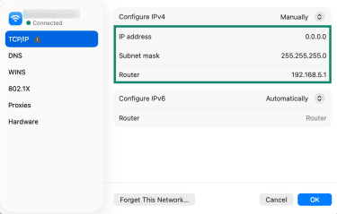 Setting up static IP address details on macOS.