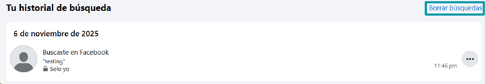 Facebook search history with Clear searches highlighted.
