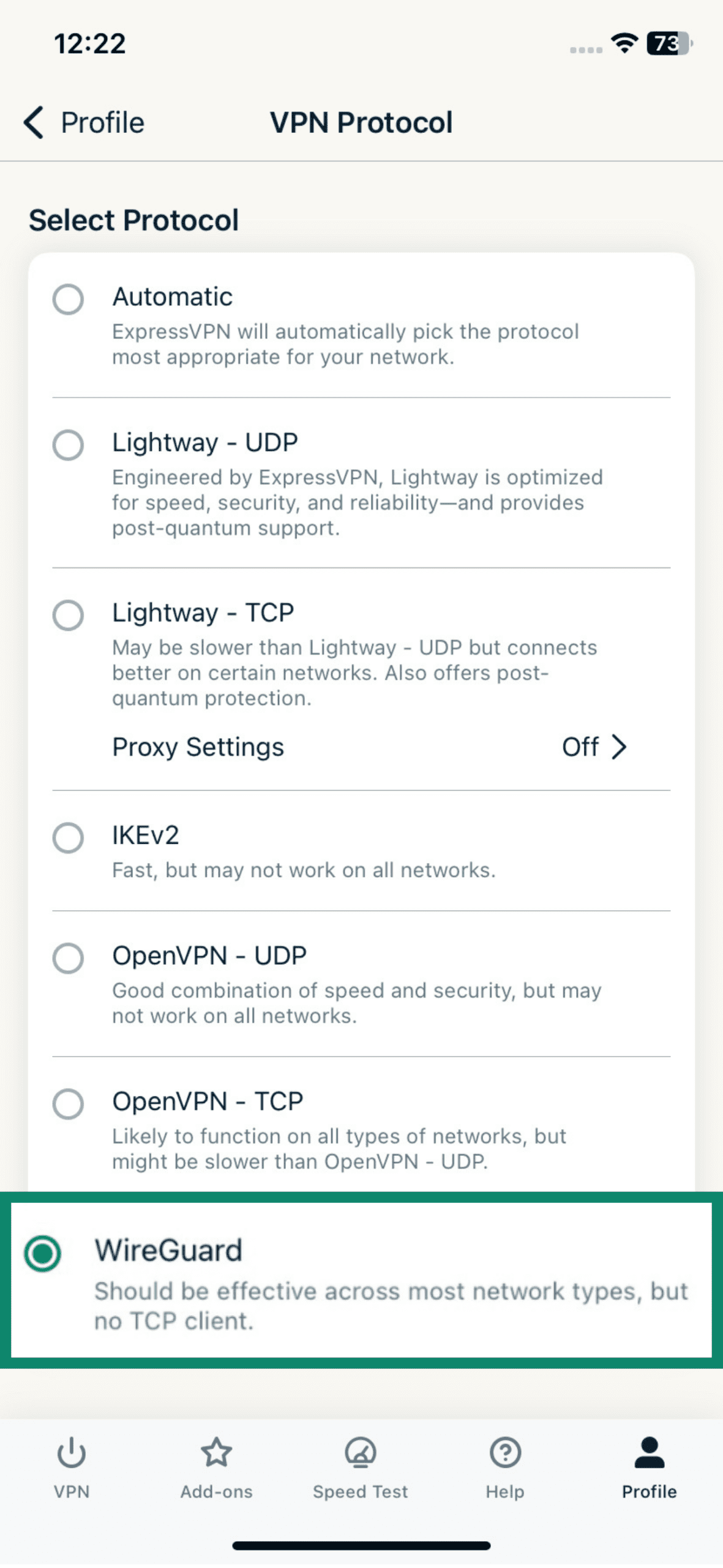 Screenshot of the ExpressVPN app with the &ldquo;VPN protocol&rdquo; tab open and &ldquo;WireGuard&rdquo; option highlighted