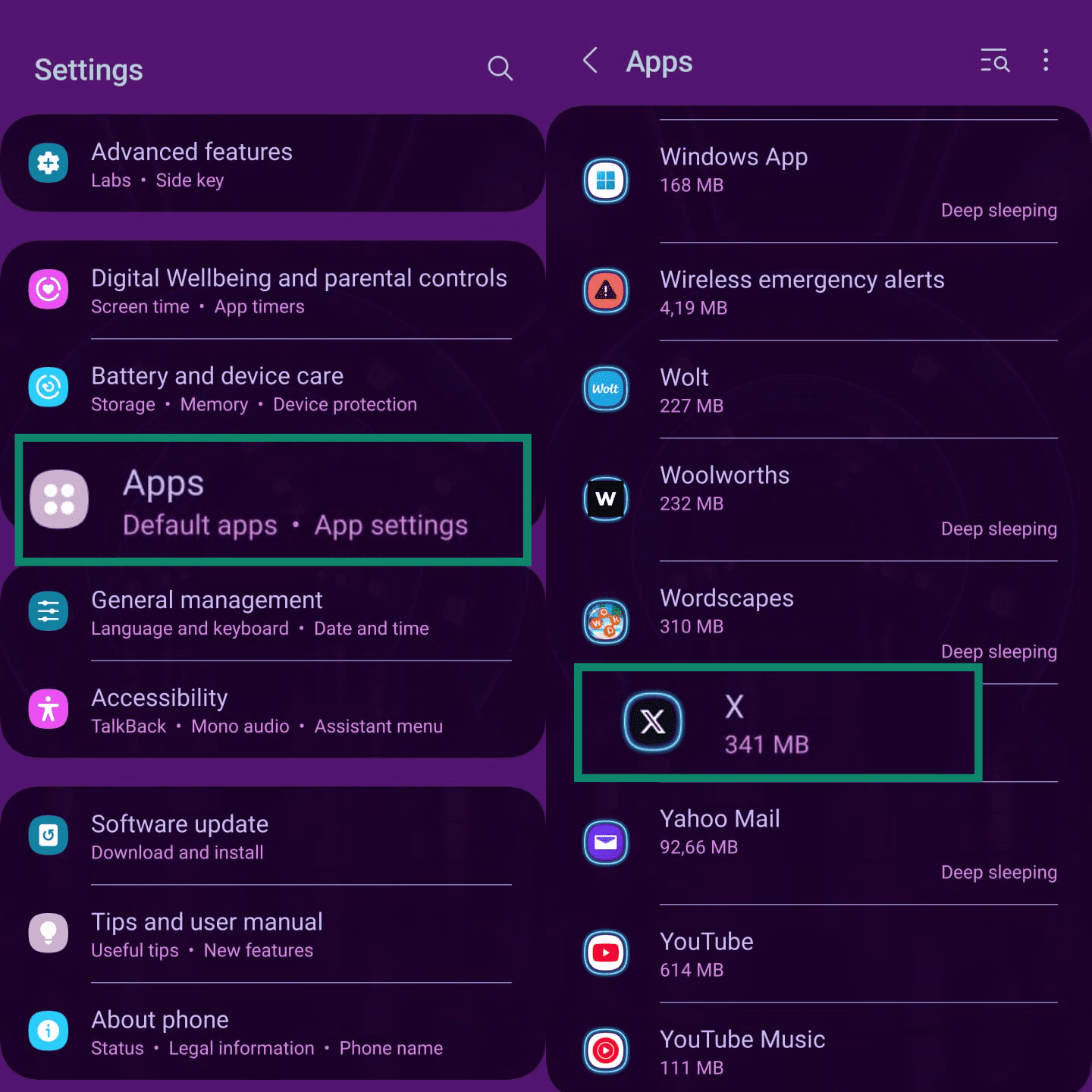 Two side-by-side screenshots of an Android settings menu. The first shows the main settings with the 