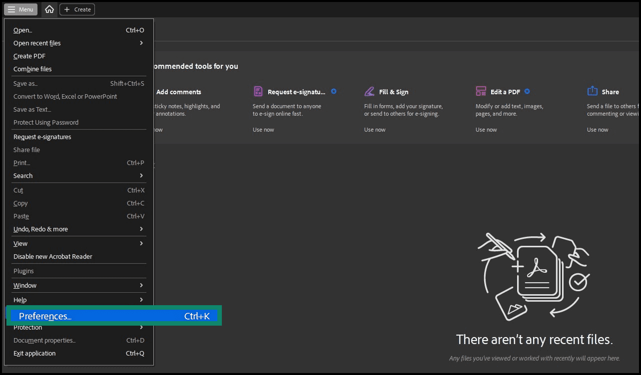 Imagen de la pantalla de Adobe Acrobat que muestra las preferencias.