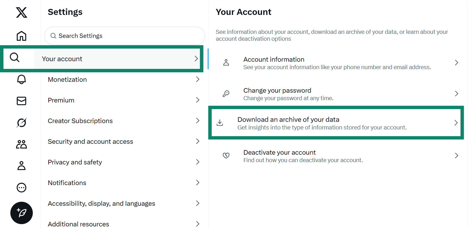 Two side-by-side screenshots of the X settings menu. The first shows 