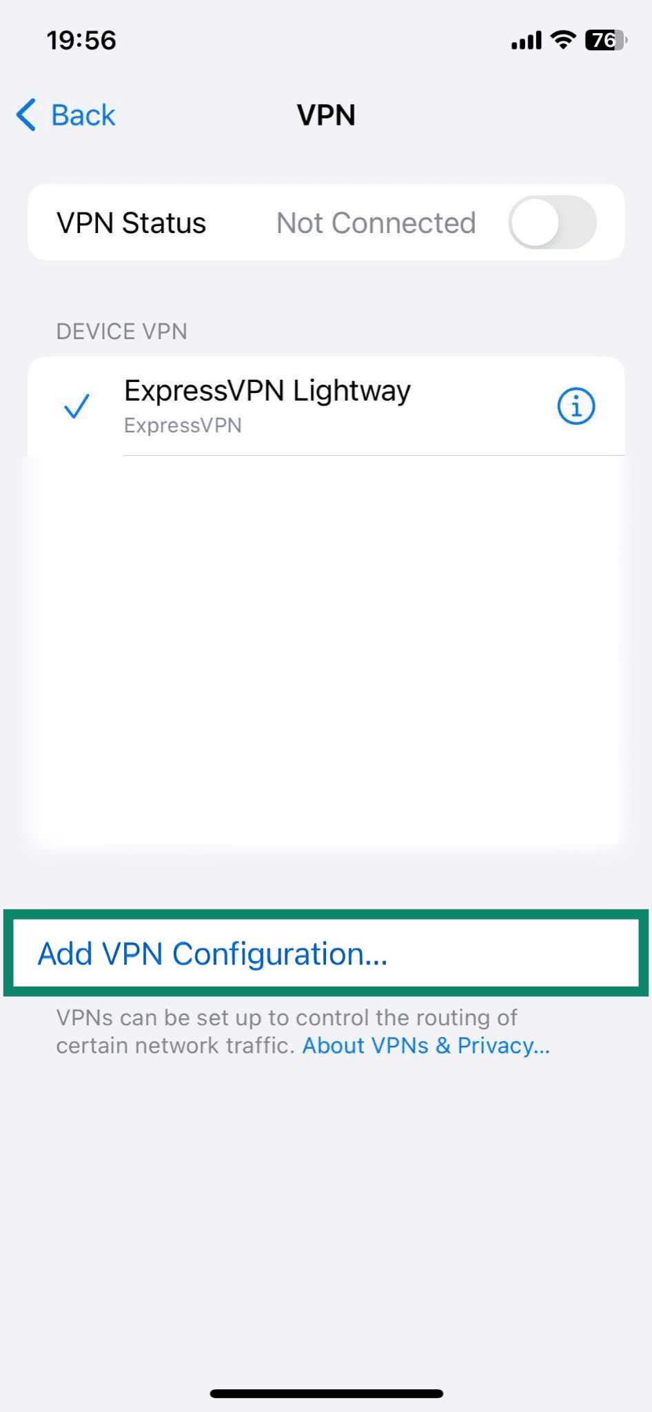 Screenshot of the iPhone VPN menu, with the &ldquo;Add VPN Configuration&rdquo; option visible and highlighted.