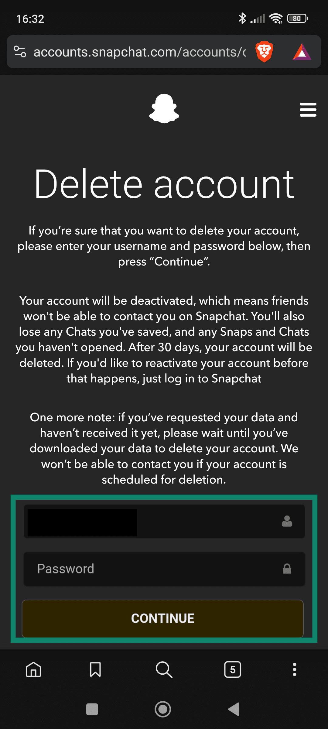 The Delete account page for Snapchat on an Android browser.