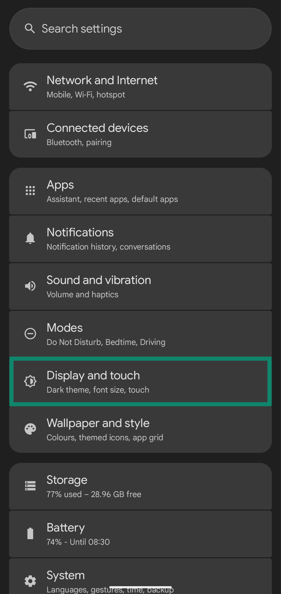 Accessing the Display and touch settings menu on a Google Pixel device