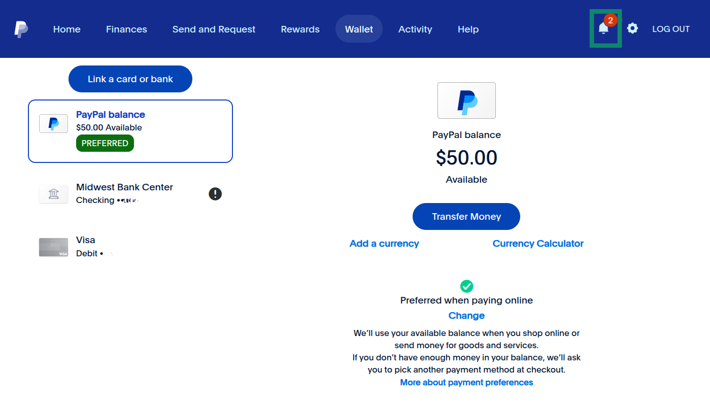 The bell button notification option in PayPal highlighted at the top.