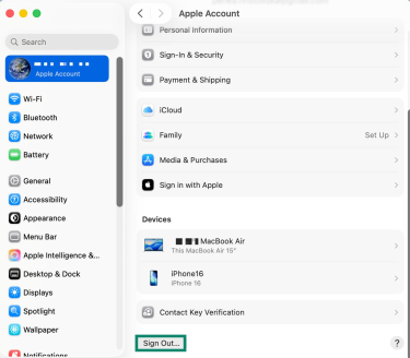 The "Apple Account" tab on the "System Settings..." menu on a Mac. The "Sign Out..." button is highlighted.