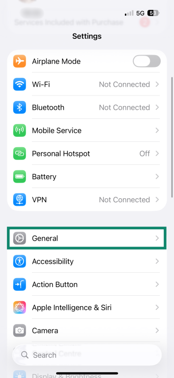 The "Settings" app on an iPhone. The "General" option is enlarged and highlighted.