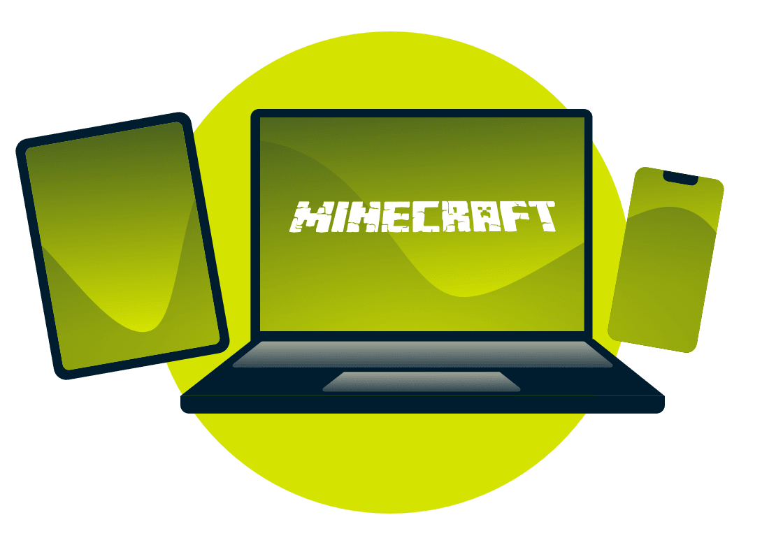En r&aelig;kke forskellige enheder med Minecraft -logoet.