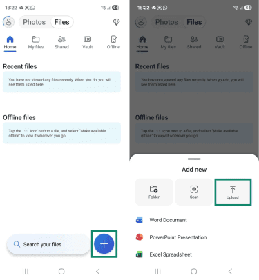 Two Android screenshots side by side. The first one the + option in the OneDrive app. The second shows the