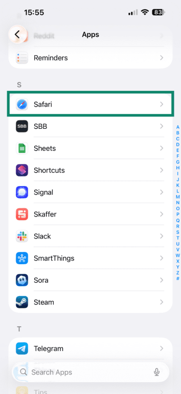 Accessing the Safari settings on iOS.