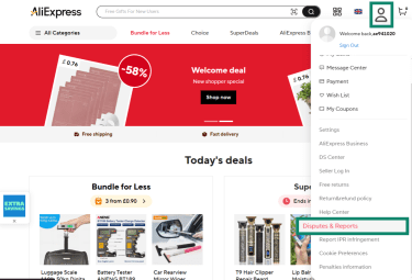 AliExpress account Disputes & Reports option