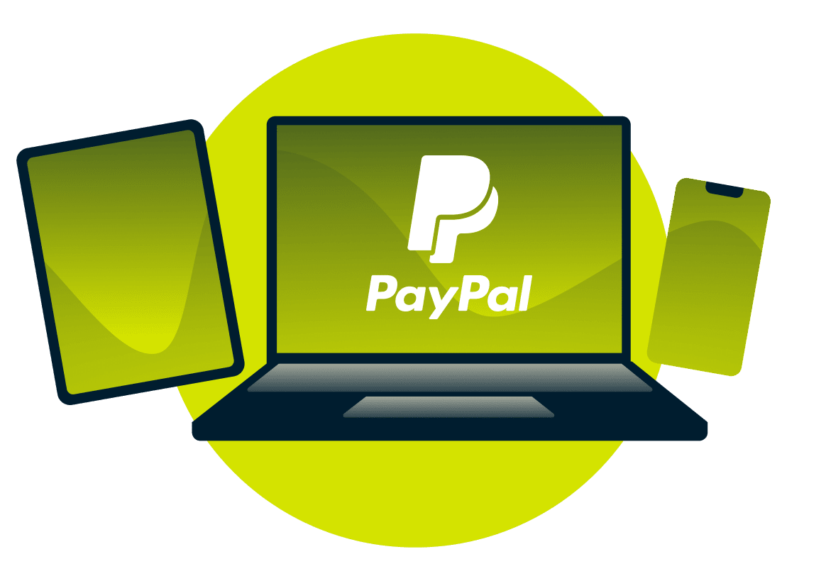 A laptop, tablet, and phone, with the PayPal logo.
