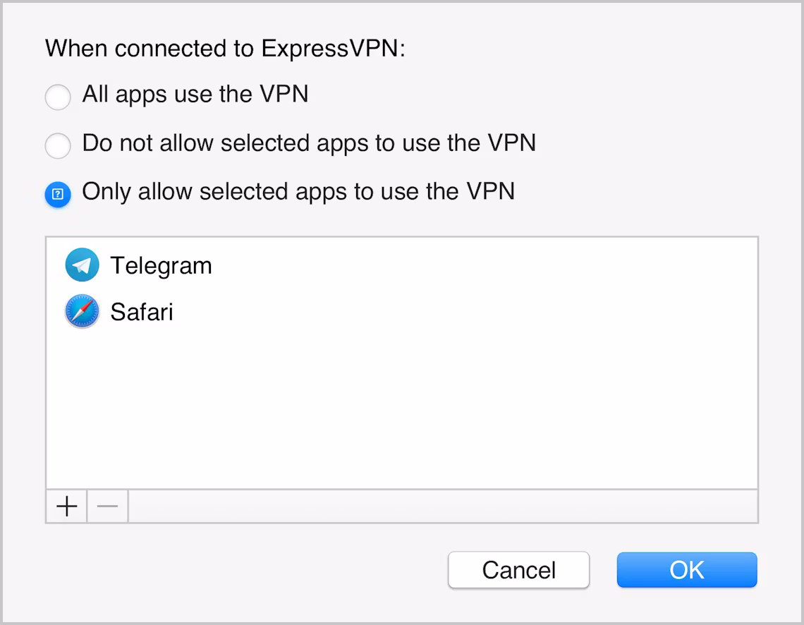 Gränssnittet i ExpressVPN:s app för Mac som visar hur endast utvalda appar skyddas av VPN.
