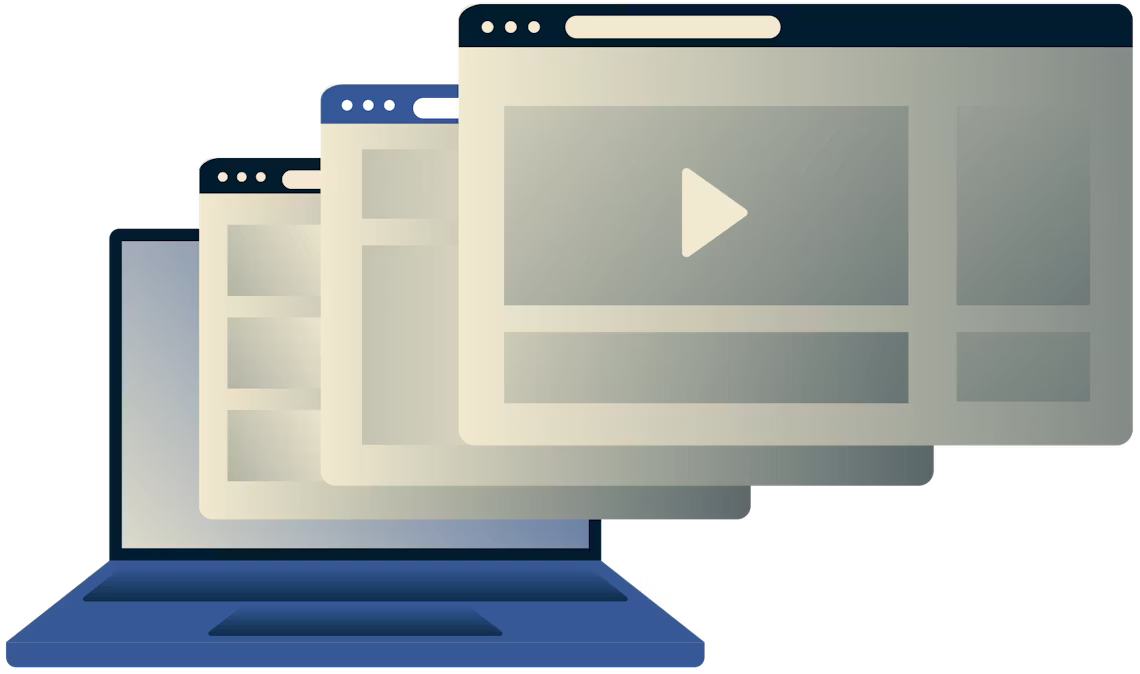 Sblocca video, musica, sport e social media. Computer portatile che mostra diverse finestre del browser.